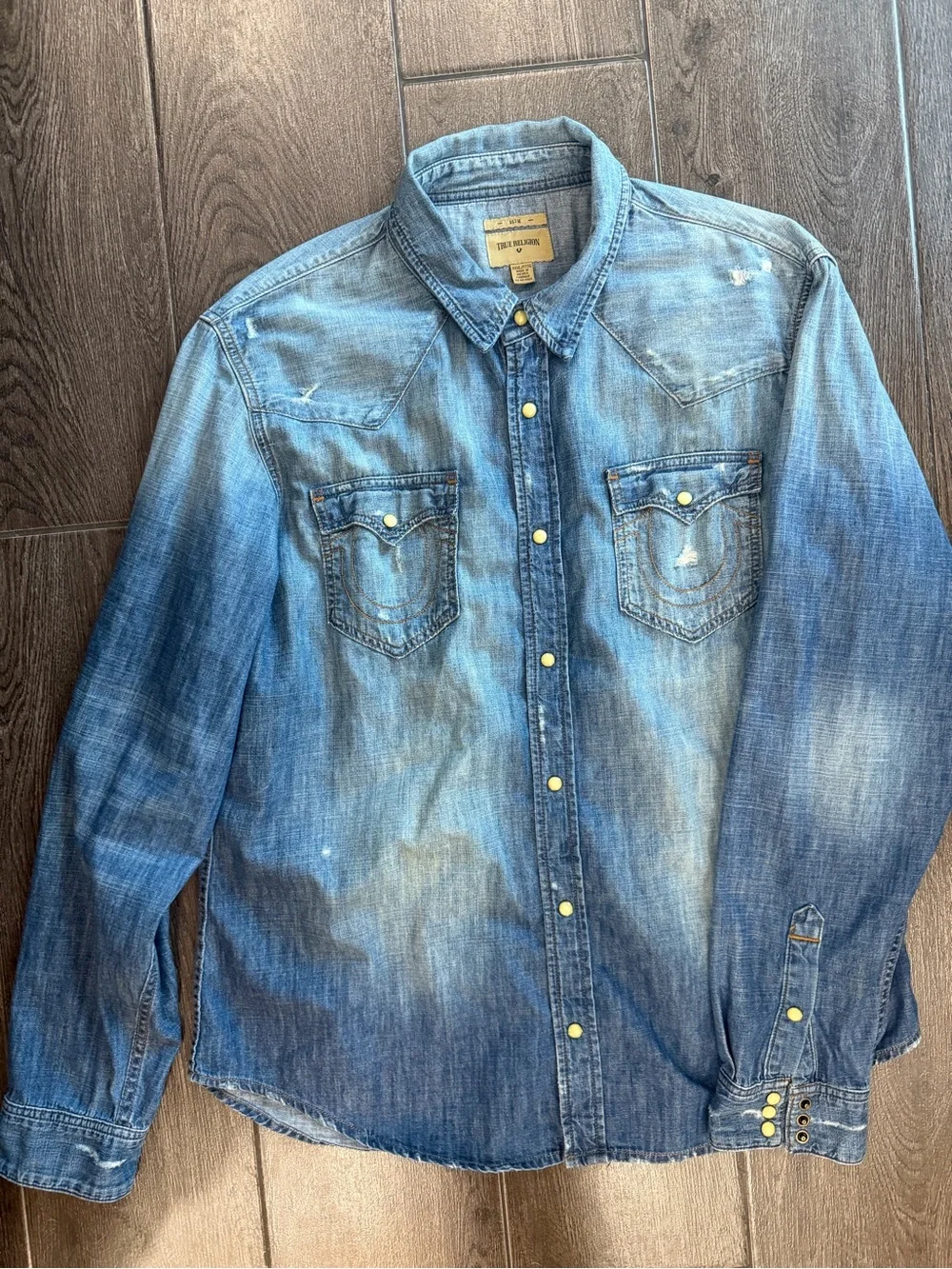 True Religion Men's Washed Blue Denim Button-Down Shirt